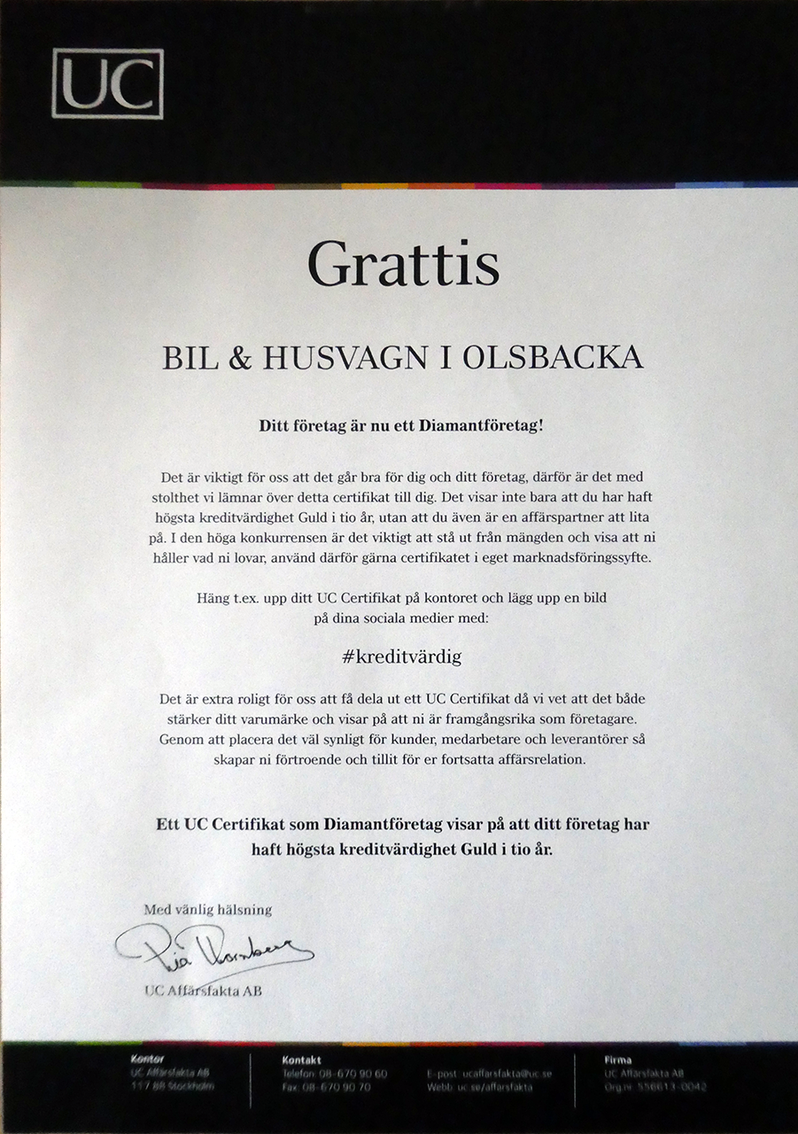 Bil & Husvagn i Olsbacka - Certikikat UC Diamantfretag